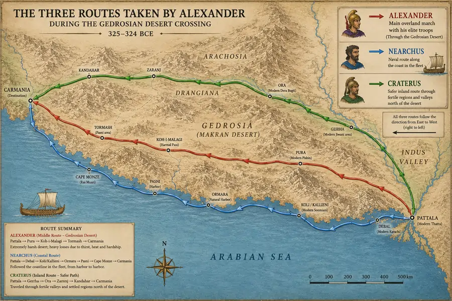 Alexander the Great's Gedrosian Desert Crossing Routes