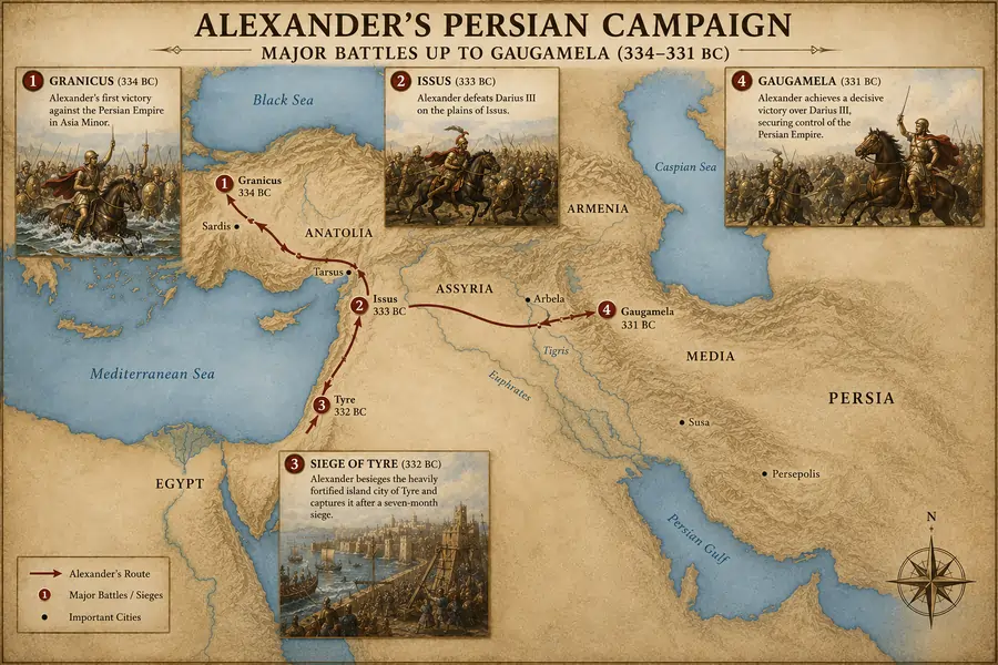 Alexander's major battles in the Persian Campaign