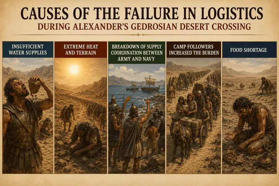 Logistics Failure in the Gedrosian Desert Crossing