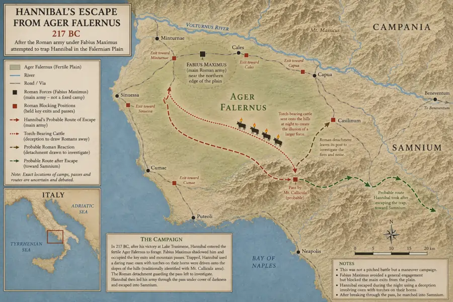 Hannibal Escapes the Roman Encirclement in Ager Falernus